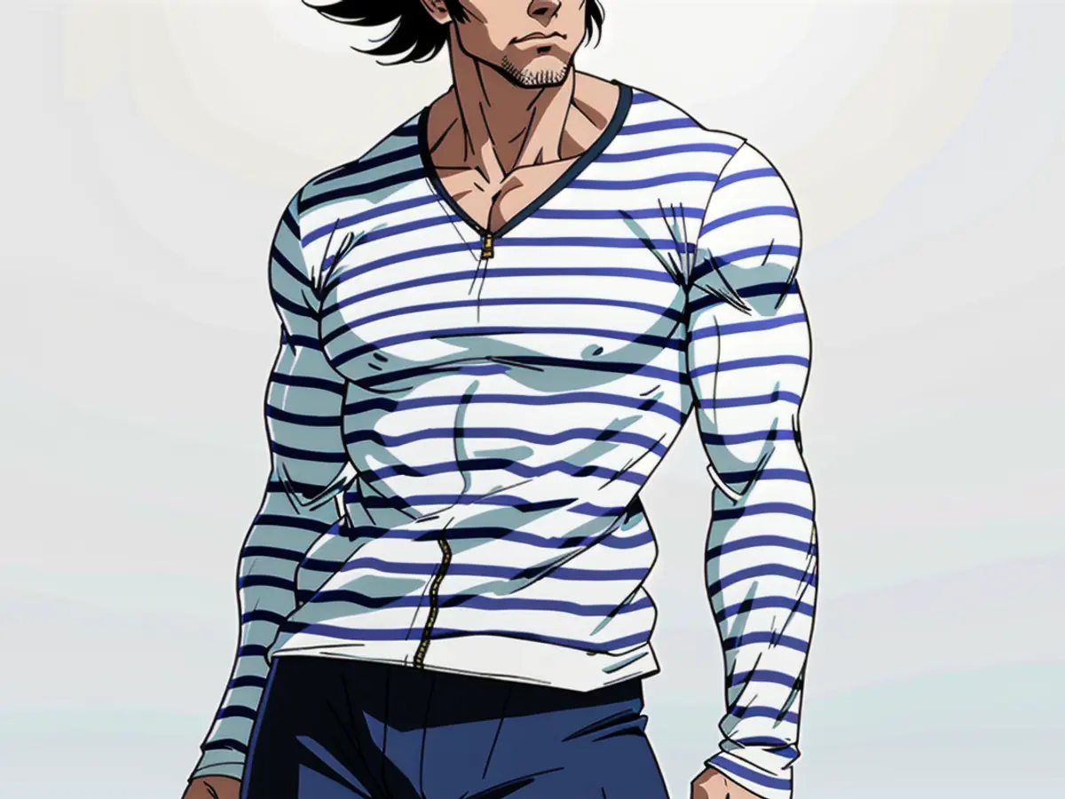 Person sporting a striped-zip pullover. Stripe-adorned zip-up sweater adorns fashion model