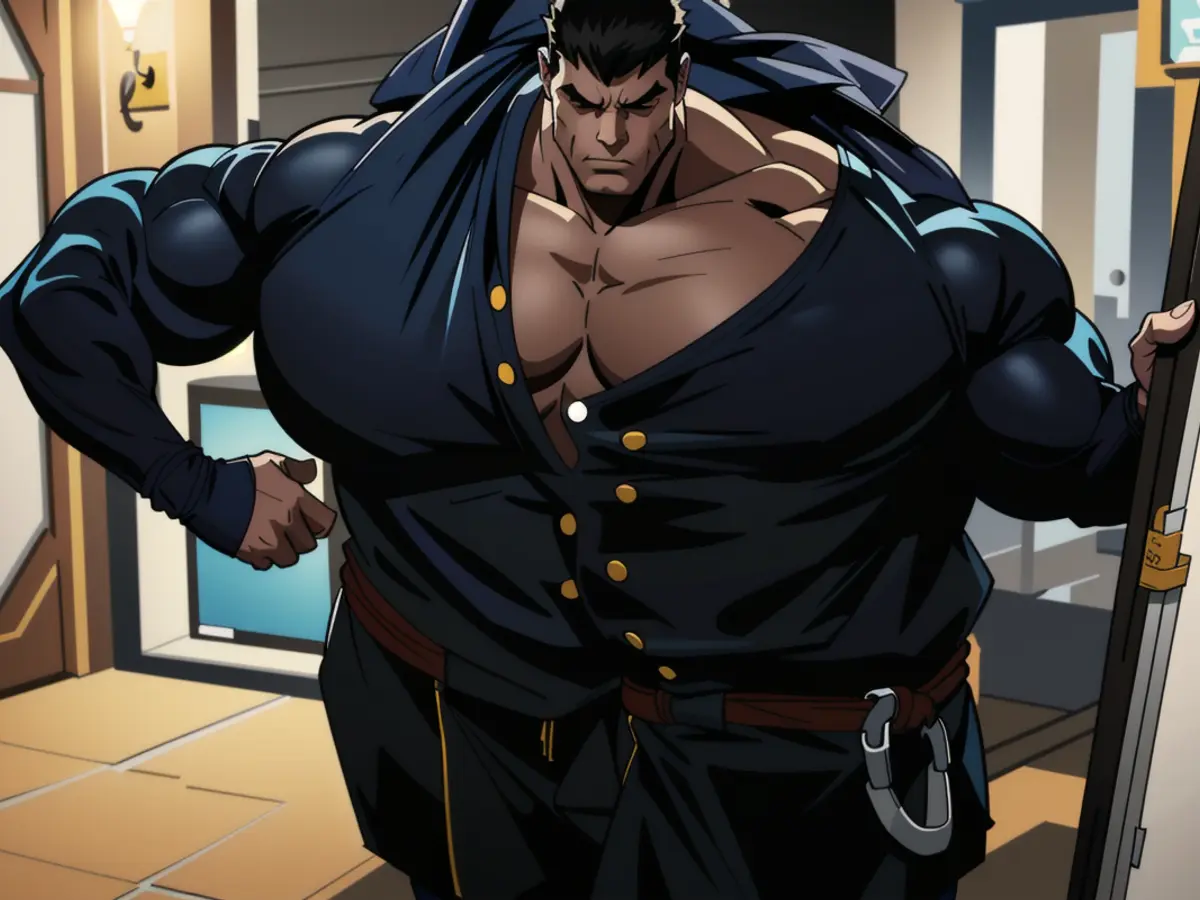 Critic donning black V-neck shirt with fastenings evaluates item Critic donning a black V-neck top with fastenings assesses the item