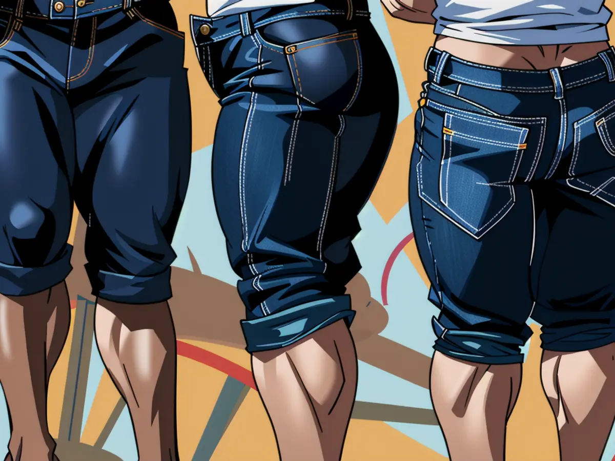 Reviewer donning casual blue capri trousers offers critique. Critic donning blue denim capris offers evaluation
