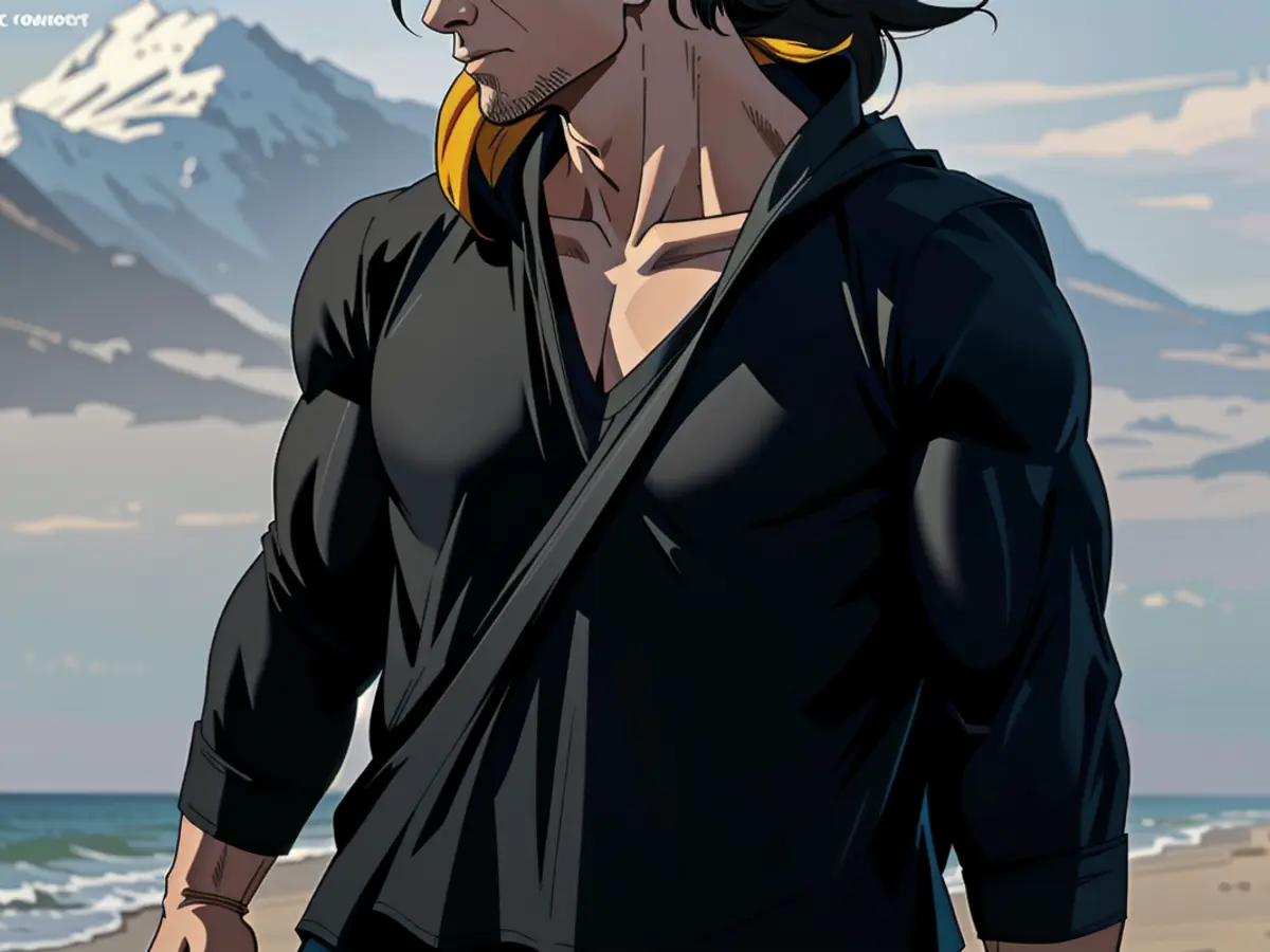 A person clad in a black tunic strolls along the seashore. A beach-strolling critic, clad in a black tunica, surveys the shoreline.