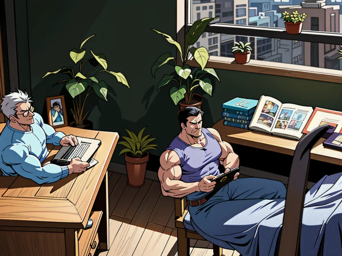 Comfortable home workstation boasting a wooden desk, chair, portable computer stand, books, spectacles, and a reigning tea mug, positioned by a window housing potted greenery.