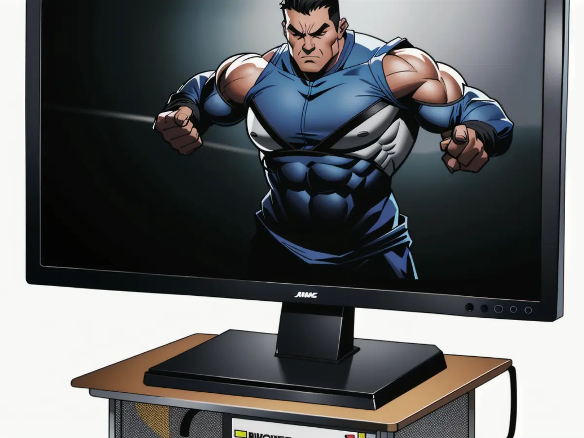 Drawer-equipped monitor stand, featuring a display on top and items stowed within.