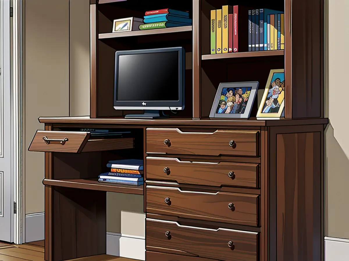 Furniture piece boasts shelves and drawers, accommodating a screen and ornamental knick-knacks. Suitable for home office tidiness.