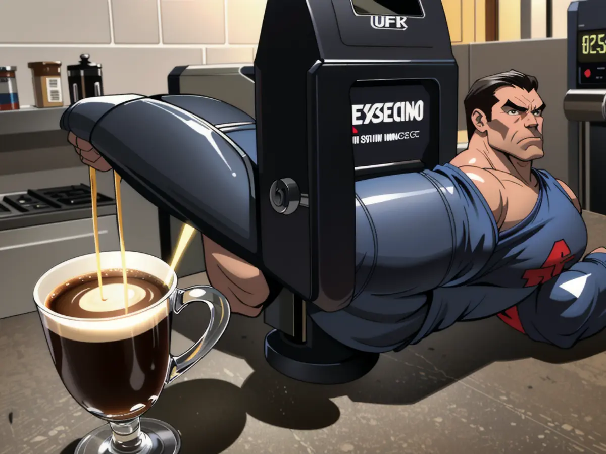 Coffee maker positioned near coffee drinks Coffee maker situated near coffee preparation