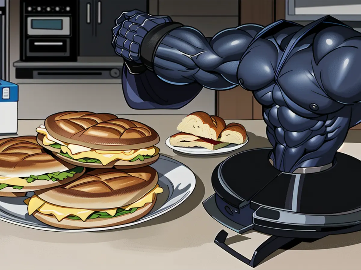 Sandwiches for breakfast, prepared nearby the sandwich production device Sandwiches for breakfast, prepared alongside the sandwich-making equipment