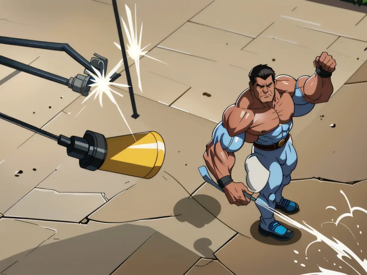 Individual utilizing a high-pressure washer to scrub a grubby patio, exposing a pristine surface. Assortment of cleaning devices noticeable among the background. Individual using high-powered pressure cleaner tidies up grimy patio, exposing a pristine surface. Assortment of cleaning equipment is noticeable in the background.