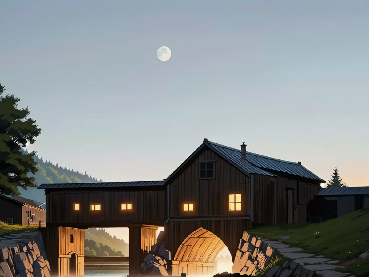 Rural landscape at twilight, featuring a barn illuminated and linked by a bridge that glows, situated under a starlit sky with the moon appearing clearly. Rural landscape at twilight, featuring a well-lit wooden bridge leading to a barn, all situated under an expansive, clear night sky with the moon in view.