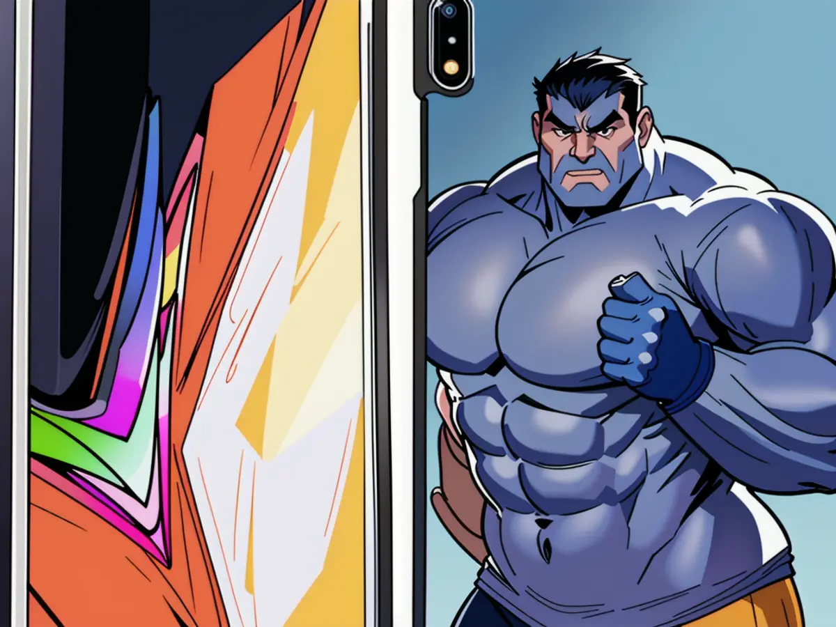 Enhanced smartphone case featuring a graduated blue design and integrated stand for a rear pop-up handle Case featuring a gradient of blue hues and integrated grip stand compatible with pop-up handle at rear end