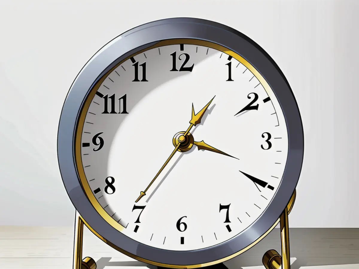 Gray and brass round timepiece abruptly ceases functioning. Gray-brass ornamental timepiece with circular design