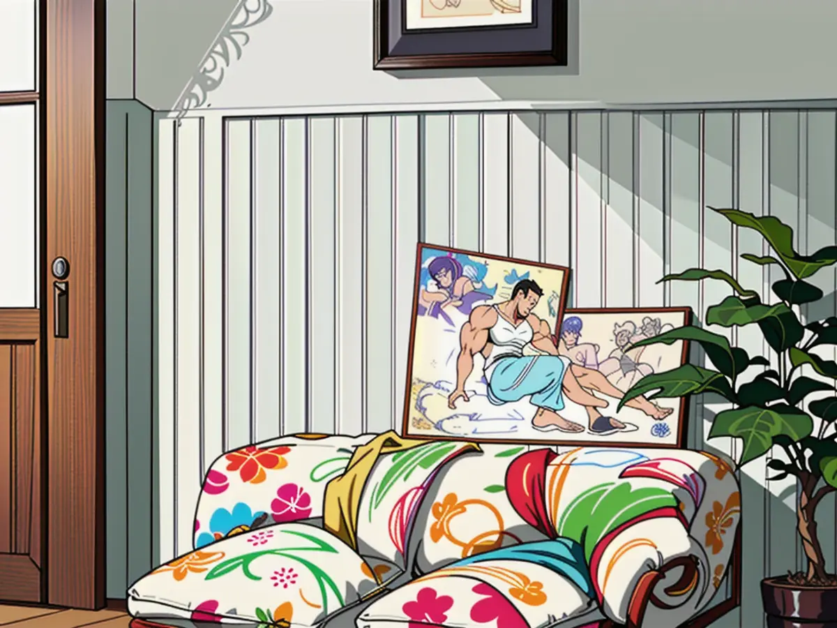 Bench with floral design and cushion located in a room featuring artwork in frames and a wooden door. Room adorned with framed artwork, houses a floral storage bench with a cushion, along with a wooden door.
