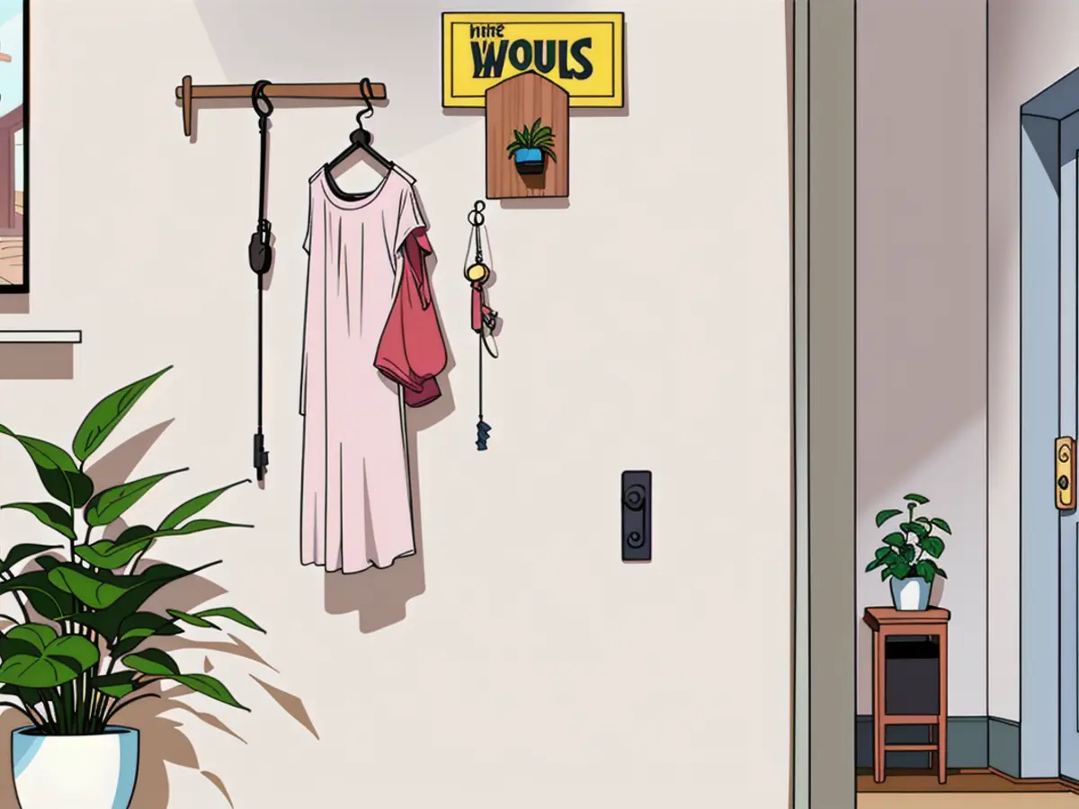 Wall-mounted shelving unit displaying keys, nearby side table with a small potted plant, and a pink bag suspended near an ajar entrance. Shelf affixed to wall, small verdant plant perched on side table, and a vibrant pink handbag suspended next to an ajar doorway.
