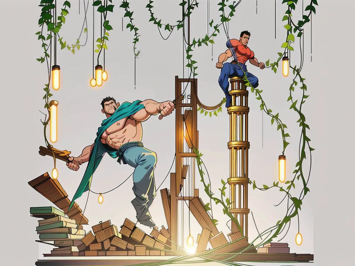 Tangled string lights along with fake ivy draping across a wall, adjacent to piled books and a glowing light bulb. Lights adorned with artificial vines flowing down a wall, nestled among piled books and an illuminated bulb.