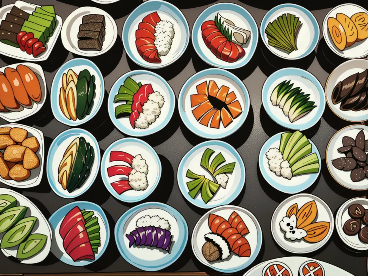 Vibrant platter of sushi rolls featuring fish, avocado, and seaweed, prepared by the evaluator Vibrant Sushi Roll Assortment Prepared by Critic, Featuring Fish, Avocado, and Seaweed