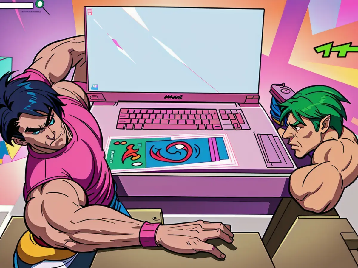 Green and Pink Raised Keyboard Placed Below a Pink Laptop on a Vibrant Desk A keyboard in shades of pink and green is positioned beneath a pink laptop on a vibrant work surface.
