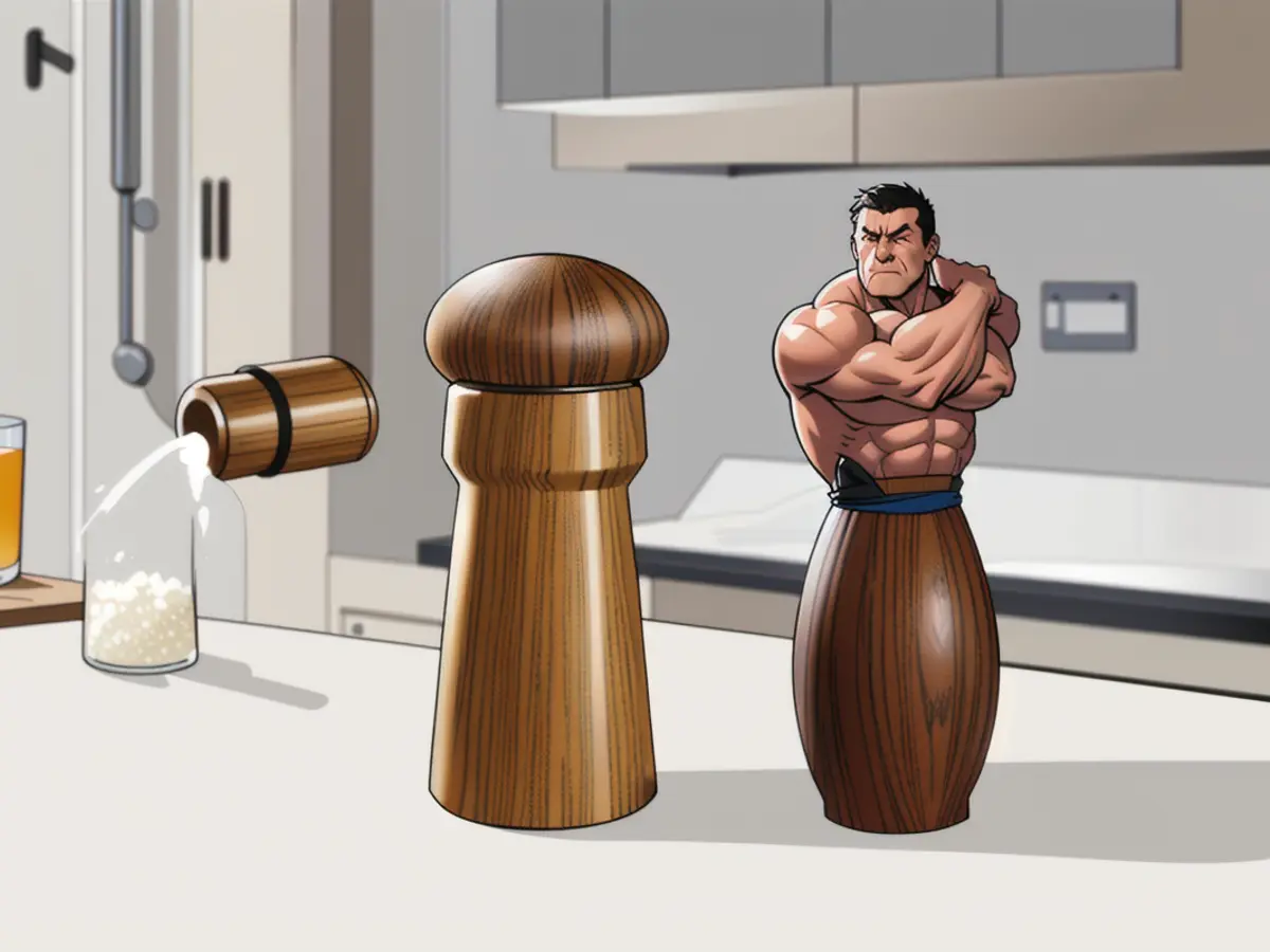 Salt shaker and pepper grinder positioned on a kitchen counter Salt shaker and pepper grinder resting on a kitchen counter