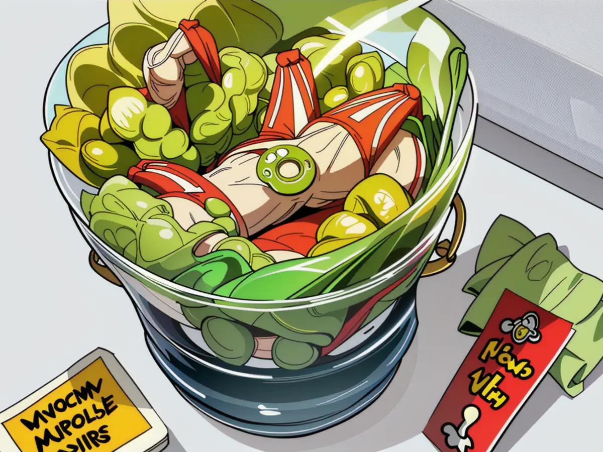 Spinning device featuring a salad inside Spinning vegetable contraption filled with greens