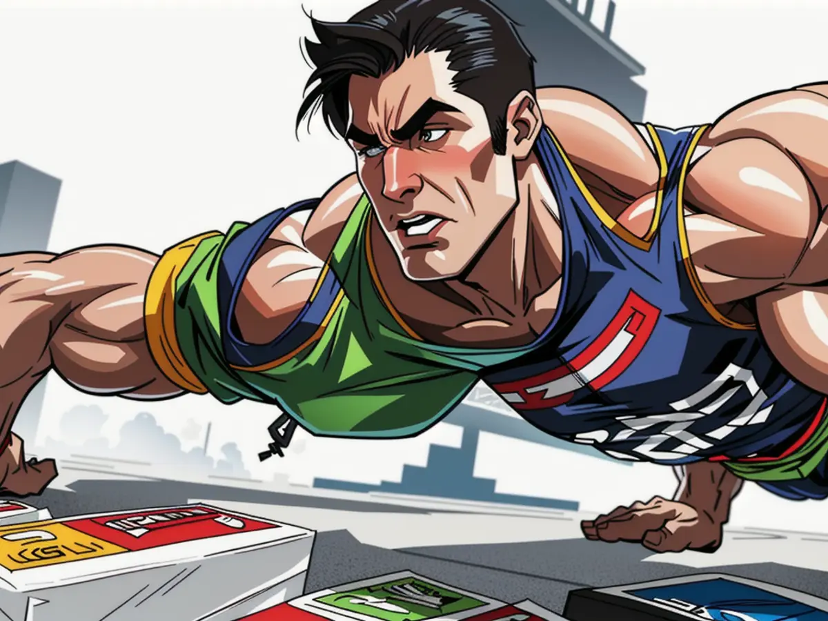 Participants utilize workout cards in a physical activity, assuming push-up stance. Participants utilize workout cards, assuming push-up stance for physical activity.