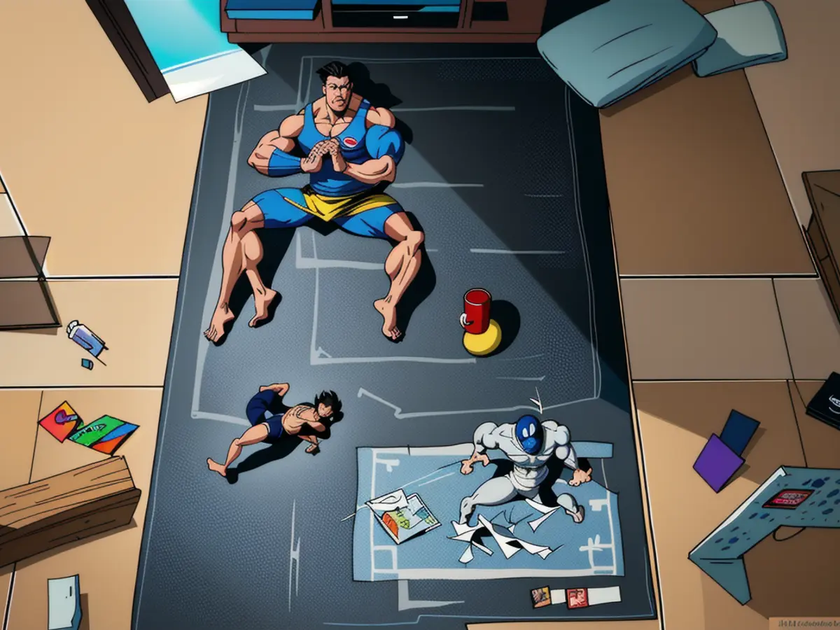 Floor boasts blue yoga blocks and mat for practice session Yoga mat and blue blocks on floor in yoga setup