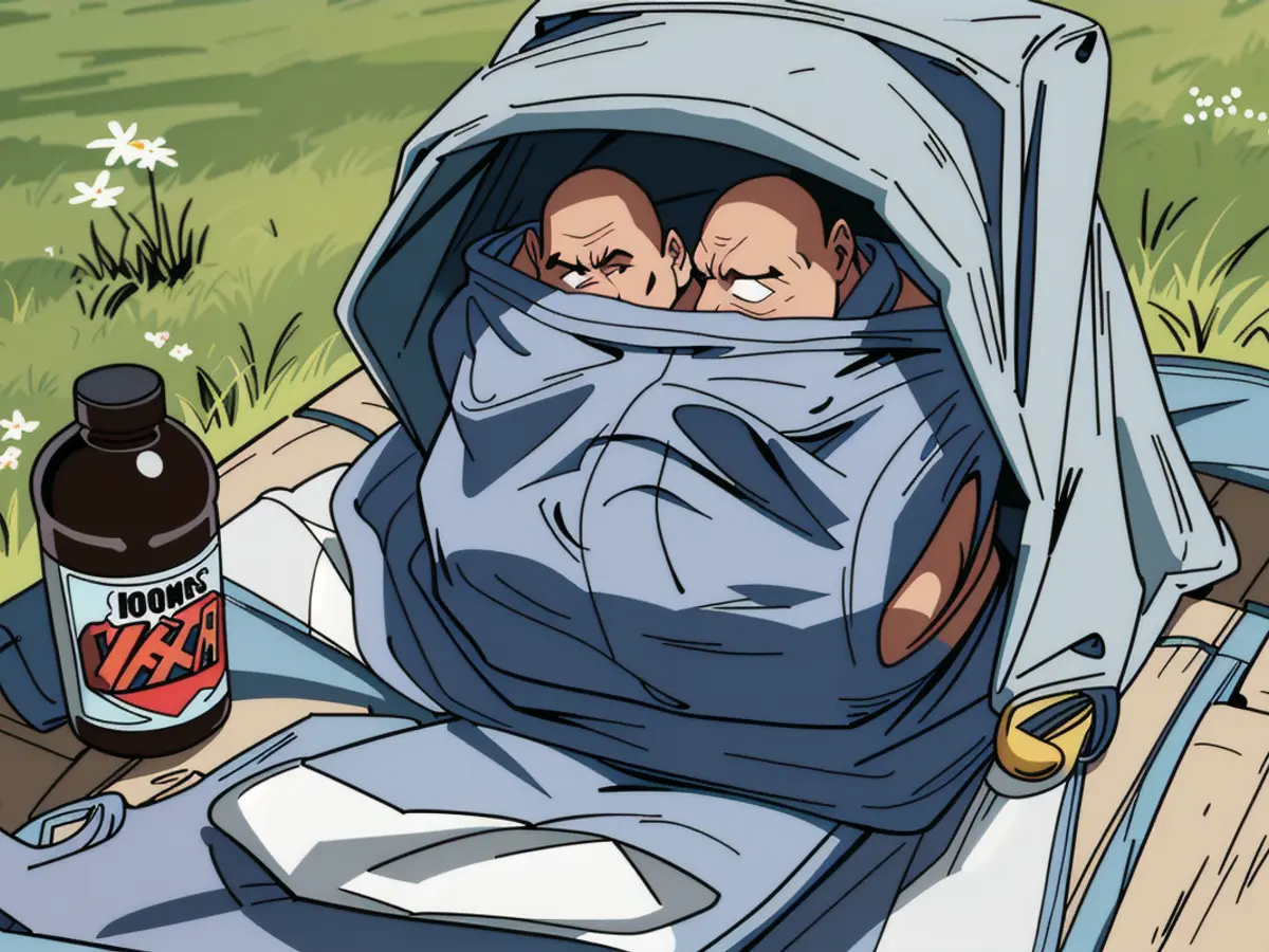 Backpack with gray and blue coloring placed on a patterned blanket, situated in a lush green grassy setting Backpack with gray and blue hue placed on a patterned blanket, in a lush grassy setting
