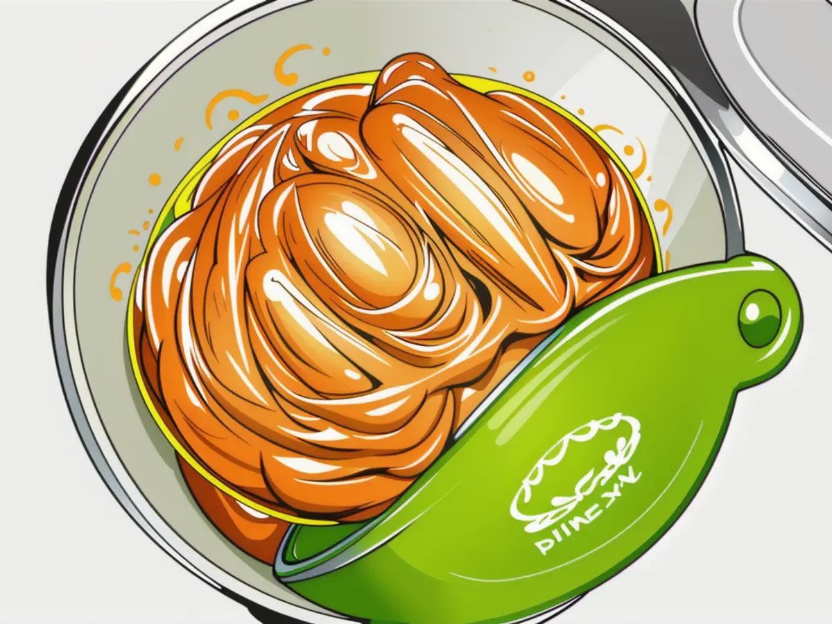 Strainer of green hue affixed to cooking pot, containing boiled spaghetti within. Pot containing spaghetti has a green sieve affixed