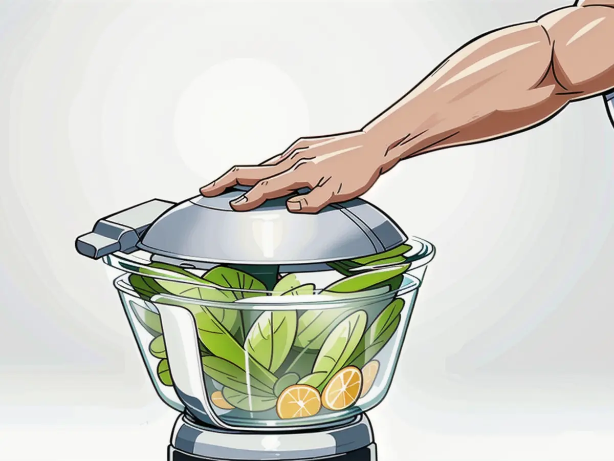 Individual operating a salad spinner's button. Individual operating hand-held kitchen device, specifically a salad spinner.