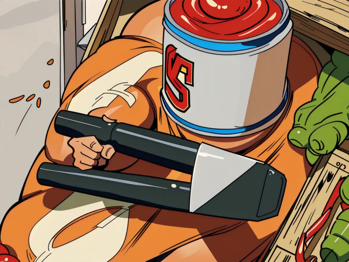 Open can of tomatoes found near assorted kitchen ingredients alongside a can opener Nearby ingredients, a can opener, and an open can of tomatoes in proximity