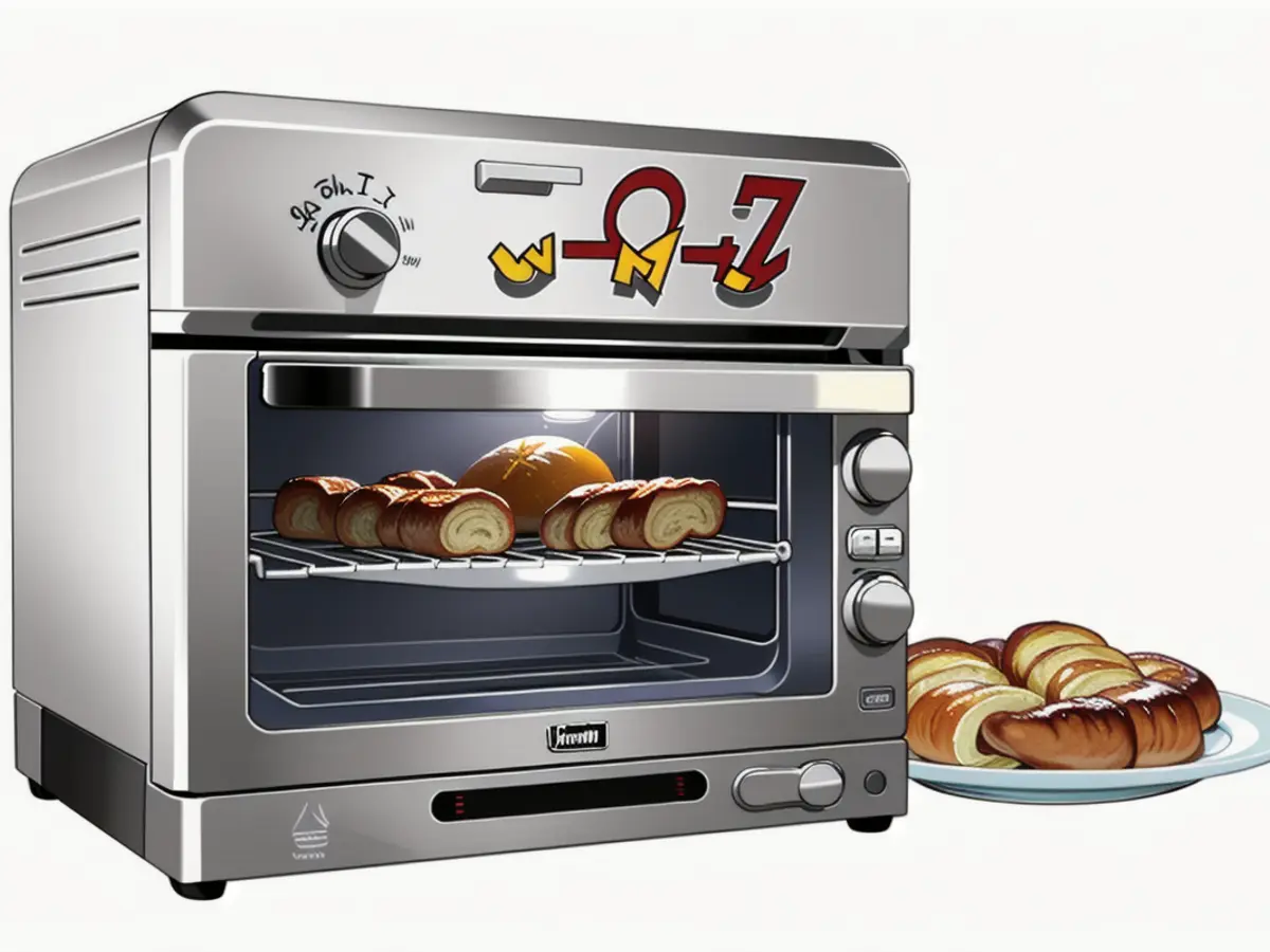 Toast oven accompanied by a serving platter of edibles nearby Oven with adjacent food platter is pictured: toaster variety in sight