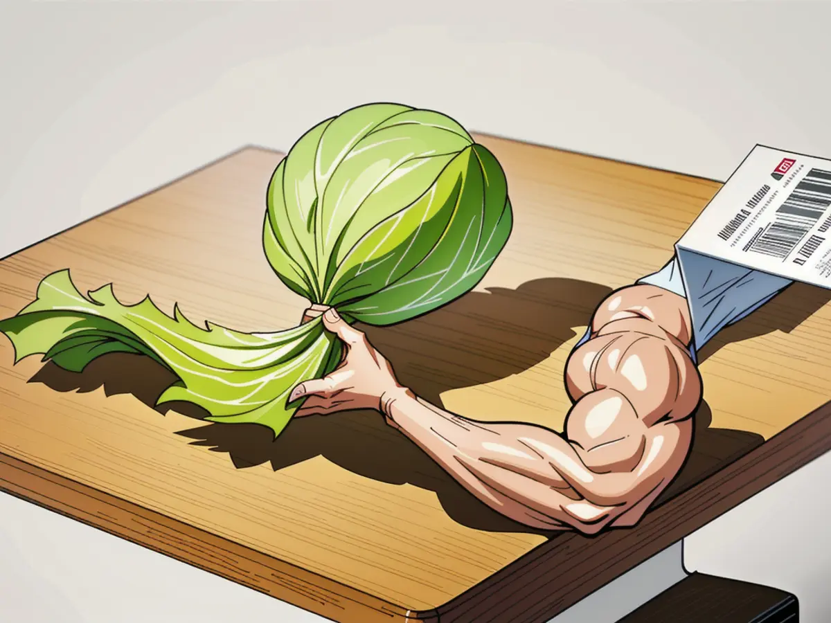 Vegetable Slice on Wooden Chopping Board Knife Dawning on Timber, Focused on Cabbage