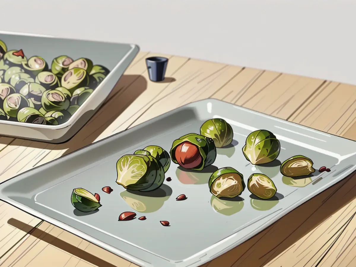 Baked Brussels sprouts on a tray in the oven Baked Brussels sprouts arranged on a sheet pan