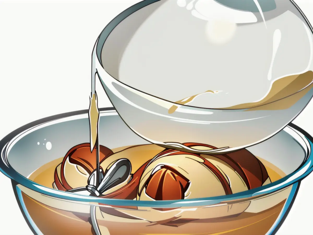 Mixing cookie dough in a glass bowl using a white hand mixer Mixing cookie dough with a white handheld mixer inside a glass bowl.