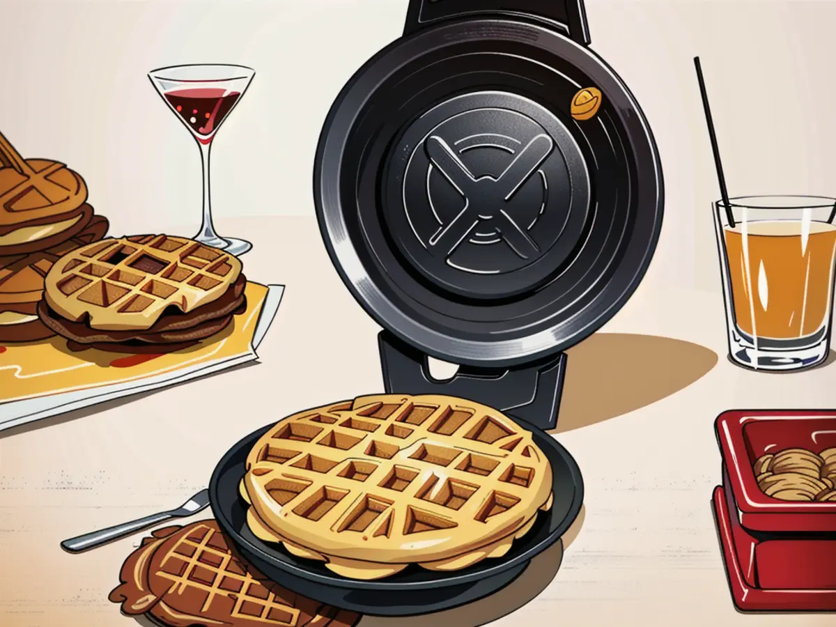 Waffle iron in red, adorned with a cooked waffle, positioned near a serving of fried chicken and waffles, accompanied by a glass containing honey. Waffle iron in shades of red, adorned with a warm waffle, paired with a platter of fried chicken and waffles, alongside a vessel filled with honey.