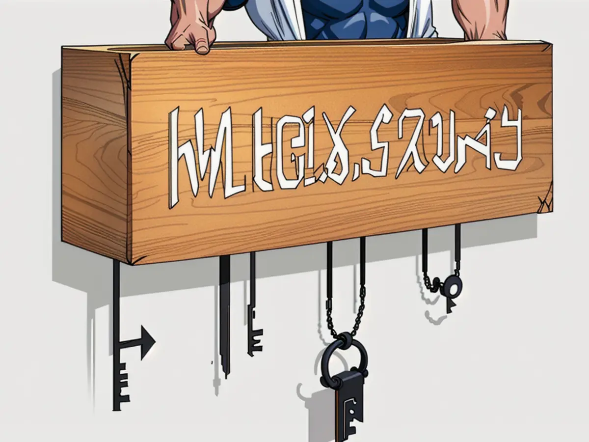 Wooden container holding correspondence and a key suspended from a black hook Black hook-suspended wooden box containing letters or mail, with an attached key