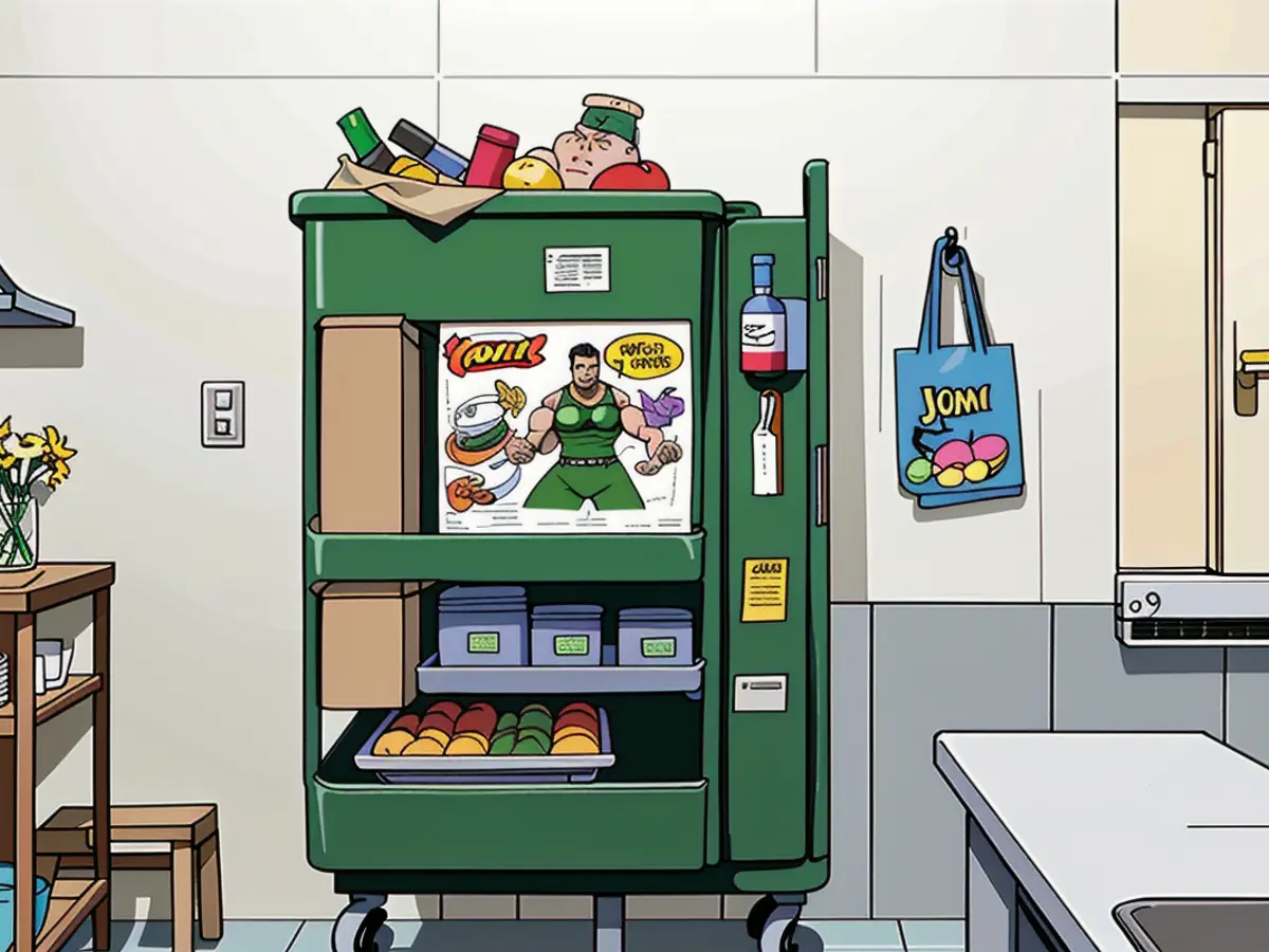 Green-hued shopping cart carrying an assortment of kitchen goods A green utility cart, filled with assorted kitchen goods.