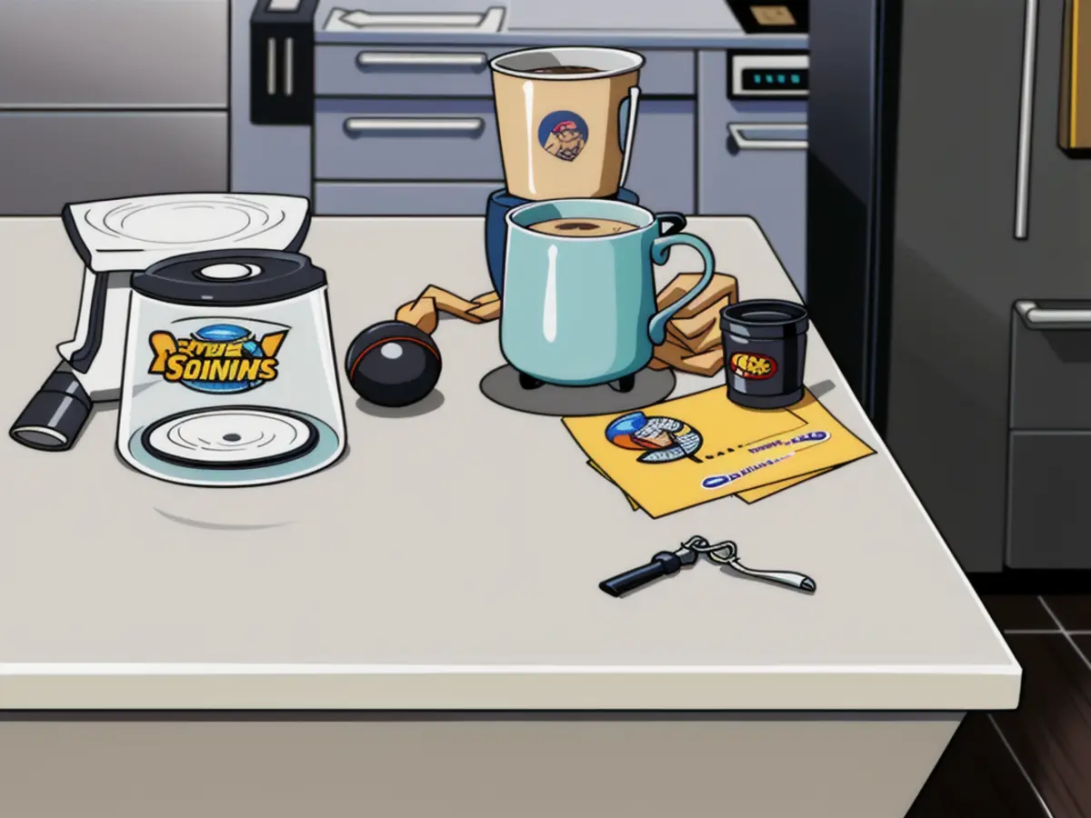 Keurig K-mini coffee maker positioned on countertop, accompanies nearby mugs Keurig K-mini coffee maker situated on countertop, near a collection of mugs