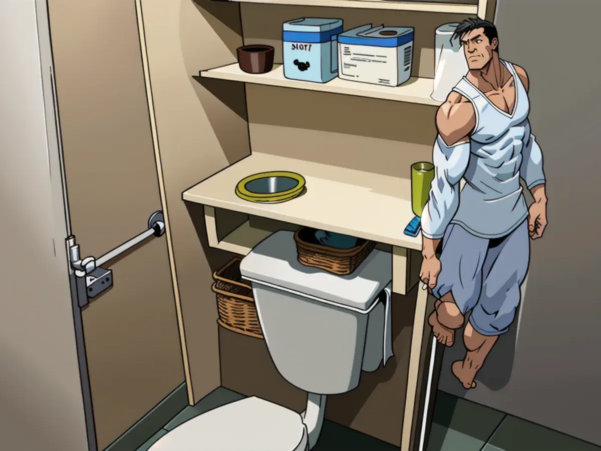 Over-the-toilet storage unit in the bathroom, featuring a roll of toilet paper, tray, potted plant, and various items organized on its shelves. Toilet accessory unit in bathroom, adorned with toilet paper, a tray, a planter, and a basket on its shelf-like storage spaces.