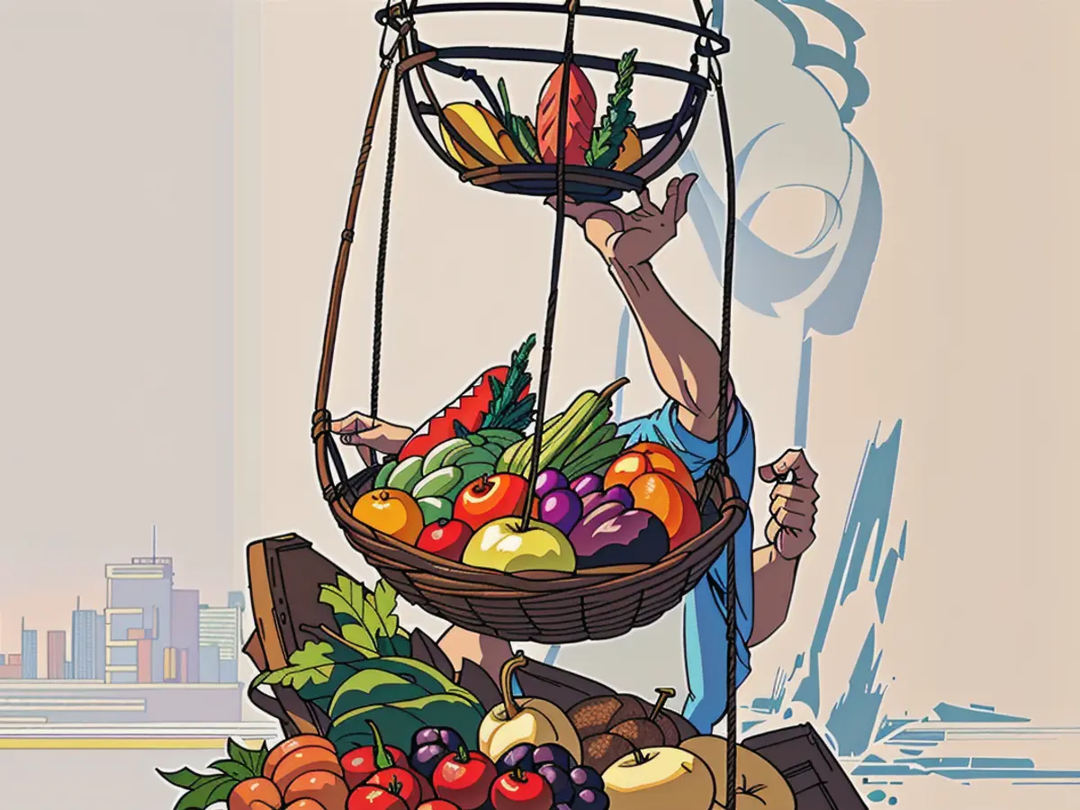 Corner-placed, three-tiered black fruit basket filled with assorted vegetables Corner-situated black, three-tiered basket filled with assorted veggies