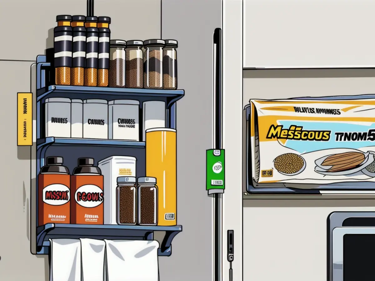 Magnetic spice rack positioned on refrigerator, adorned with assorted spices, canisters, and both paper towels and saran wrap arranged on towel racks. Magnetic spice rack in fridge, adorned with various spice containers, paper towels, and Saran wrap on the towel racks.