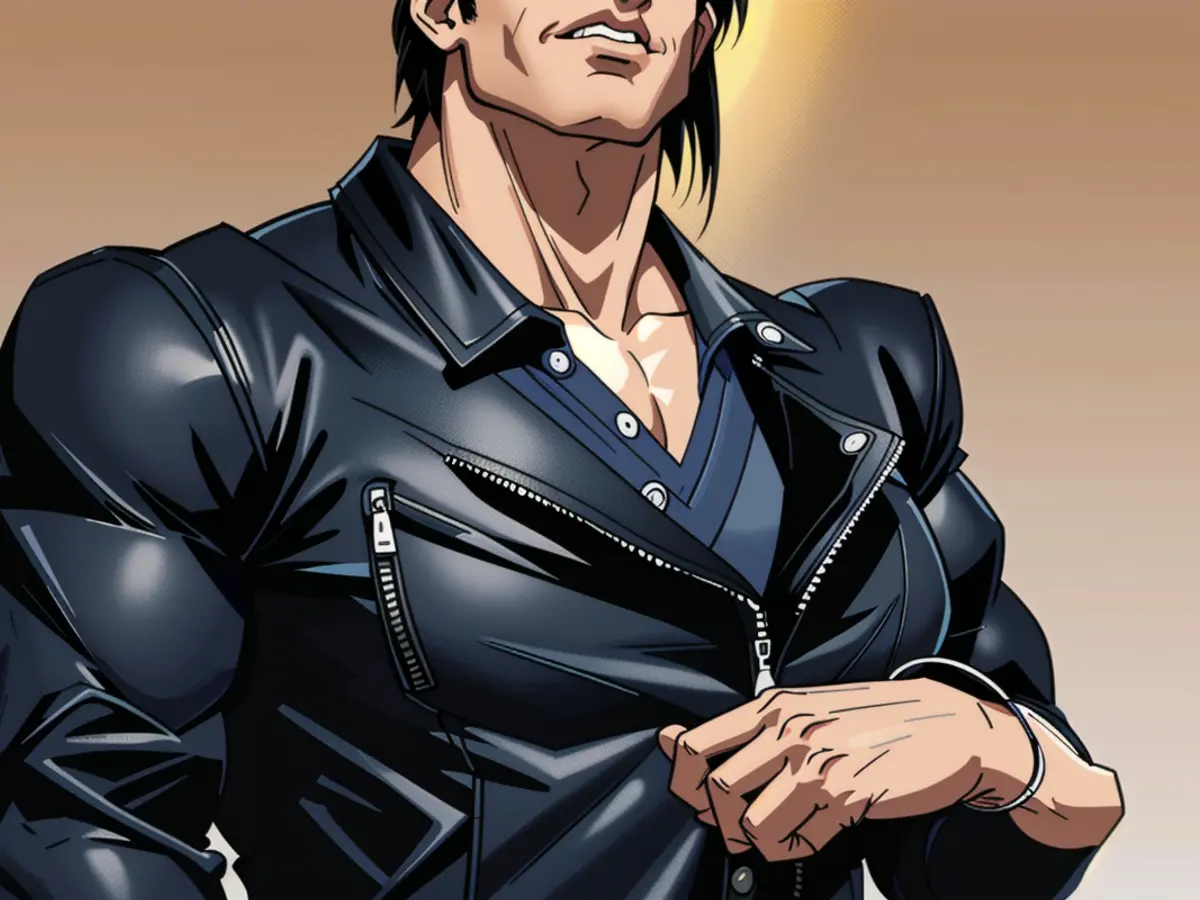 Individual sporting a black leather jacket and jeans apparel. Individual donning a black leather jacket, accompanied by distressed jeans.