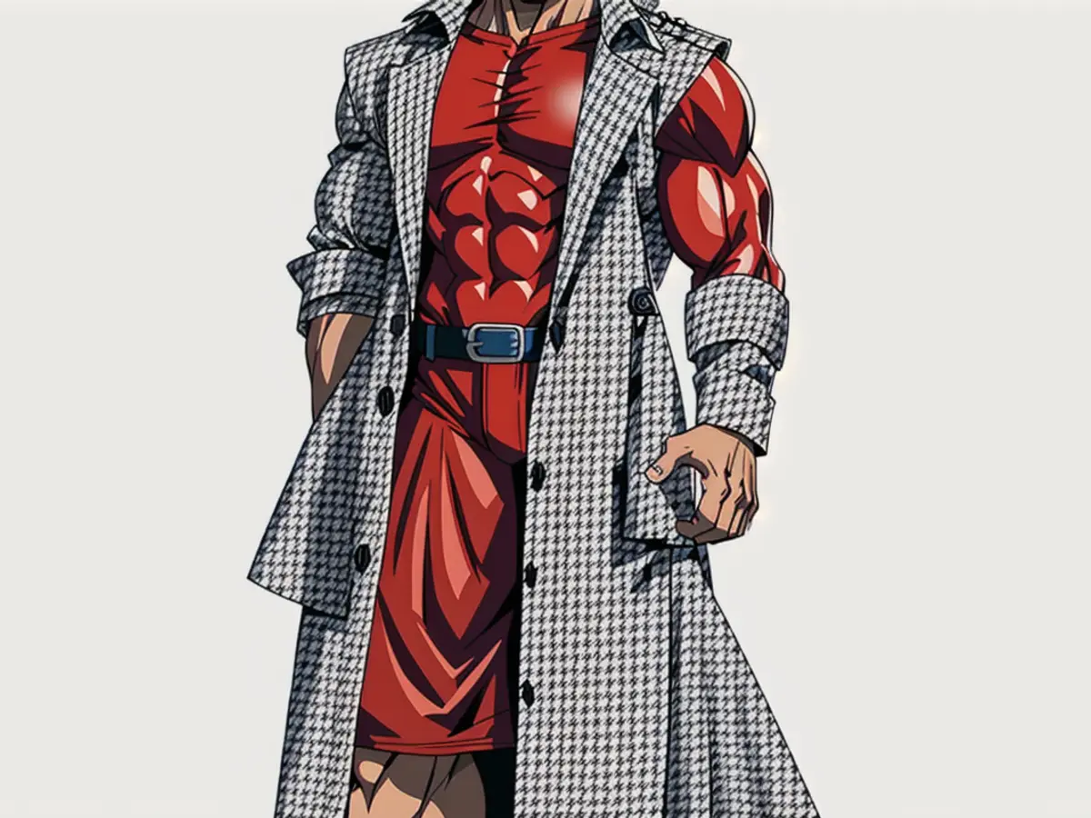 Individual in houndstooth trench coat fashion attire Individual sporting houndstooth trench ensemble