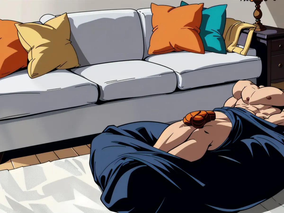 Critic's couch adorned with pillows in shades of goldish-yellow, off-white, burnt orange, and light blue. A critic's distinctive couch, adorned with a golden-hued, off-white, charred orange, and sky-blue pillow casings.