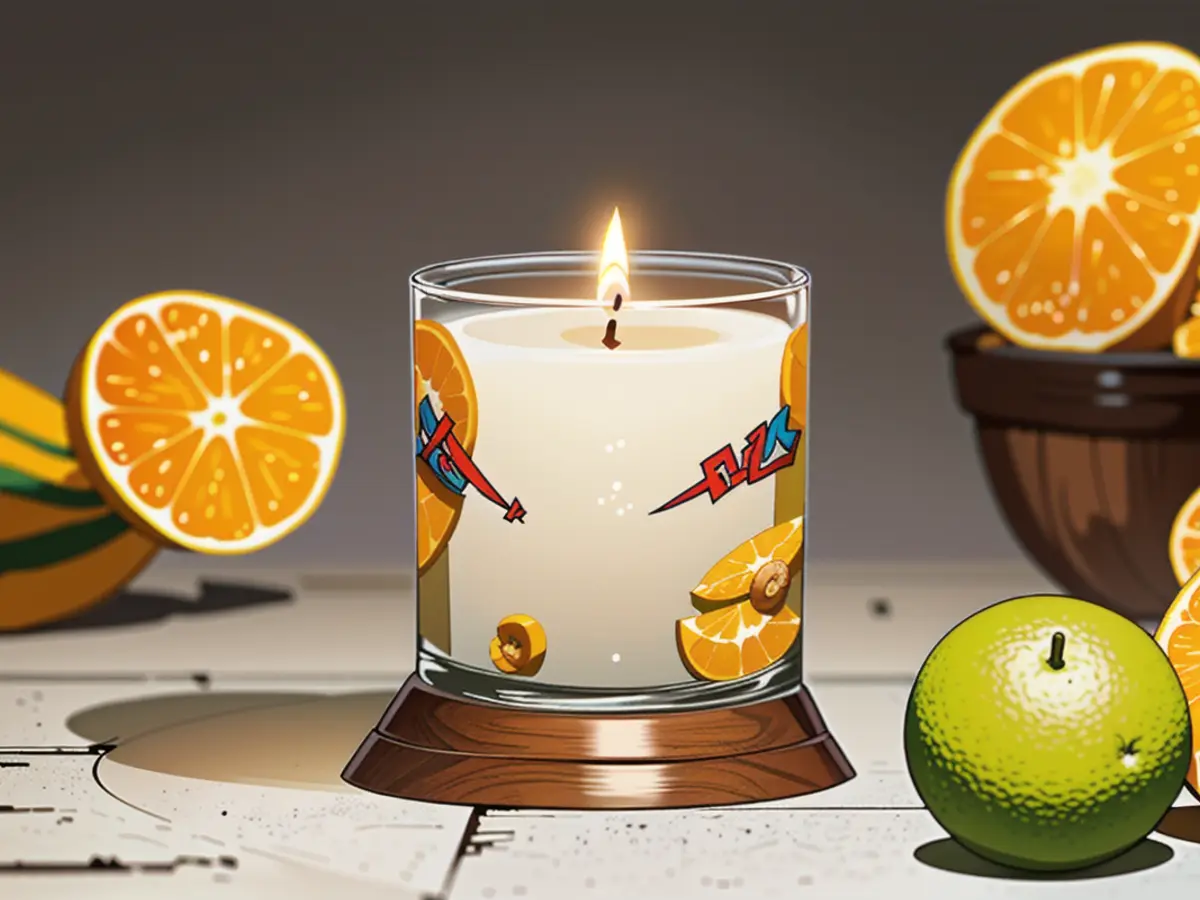 A candle illuminated, emitting a fragrance of refreshing citrus. Burning candle emitting a crisp citrus aroma