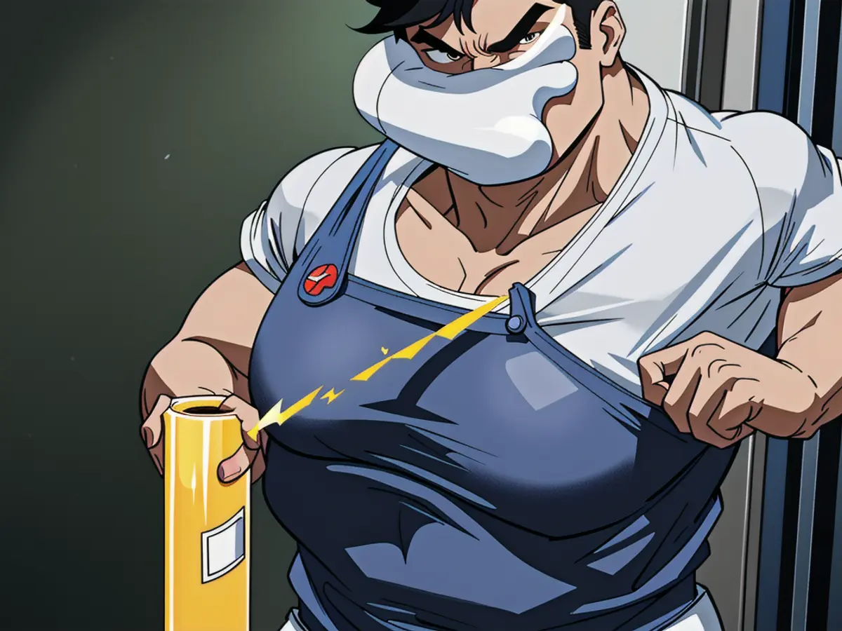 Inspector in apron, armed with paintbrush, drill, and substantial amount of dryer fluff. Inspector sporting apron, paintbrush, power drill, and lump of dryer fluff
