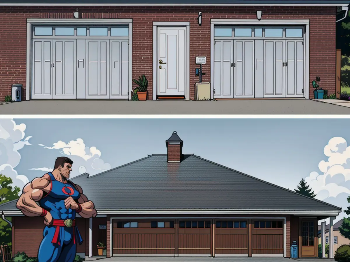Transformed garage exteriors, from plain white to pretended hardware additions Prior garages portrayed as plain white, compared to the enhanced appearance featuring fake hardware attachments.