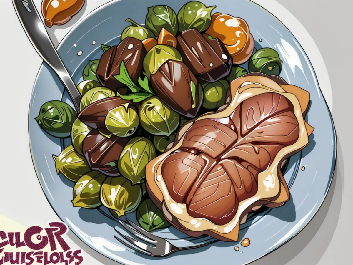 Dish featuring kale, Brussels sprouts, and honey-glazed pork chops on a platter. Dish with kale, Brussels sprouts, and honey-glazed pork chops on a platter