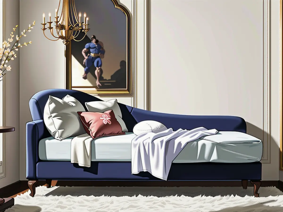 Cozy living space featuring a daybed, a white plush rug, velvet cushions, and an ornamental chandelier. Room featuring a daybed, white carpet, velvet cushions, and a hanging light fixture.