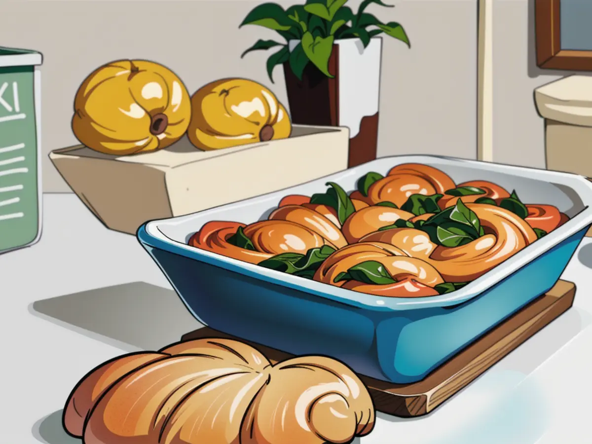 Smaller plate filled with glazed cinnamon rolls, larger dish loaded with spinach casserole. Smaller dish stacked with glazed cinnamon rolls, larger dish filled with spinach casserole.