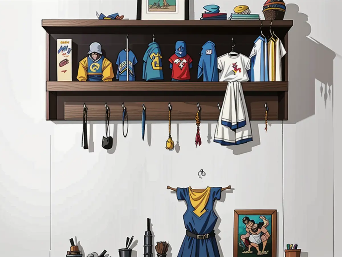 Wall rack adorned with a hat and handbag, suspended from hooks, along with assorted decor items...
