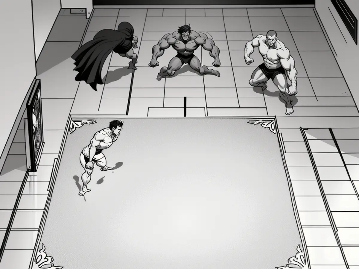 Black-and-white image showcasing a floor mat on a tiled surface of contrasting colors. Picture of a mat on a contrasting black-and-white tiled floor surface.