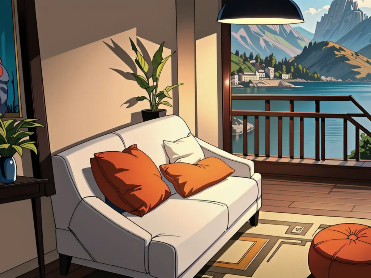 Image depiction of a curved lamp standing beside a white chair, alongside a white furry rug and a vibrant orange footstool. Image depicting a reviewed arched lamp, positioned near a white chair, accompanied by a white shag rug and an orange ottoman.
