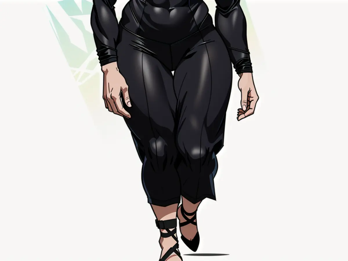 Individual sporting form-fitting black ensemble with see-through accents and matching footwear. Black outfit featuring see-through sections and black footwear adorned by a fashion model.